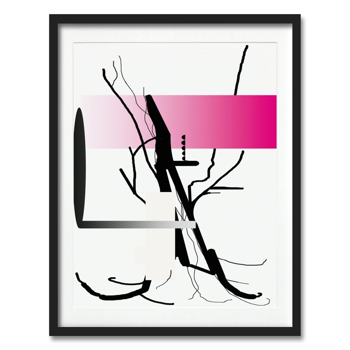 Albert Oehlen print featuring abstract black lines with a horizontal pink band on white