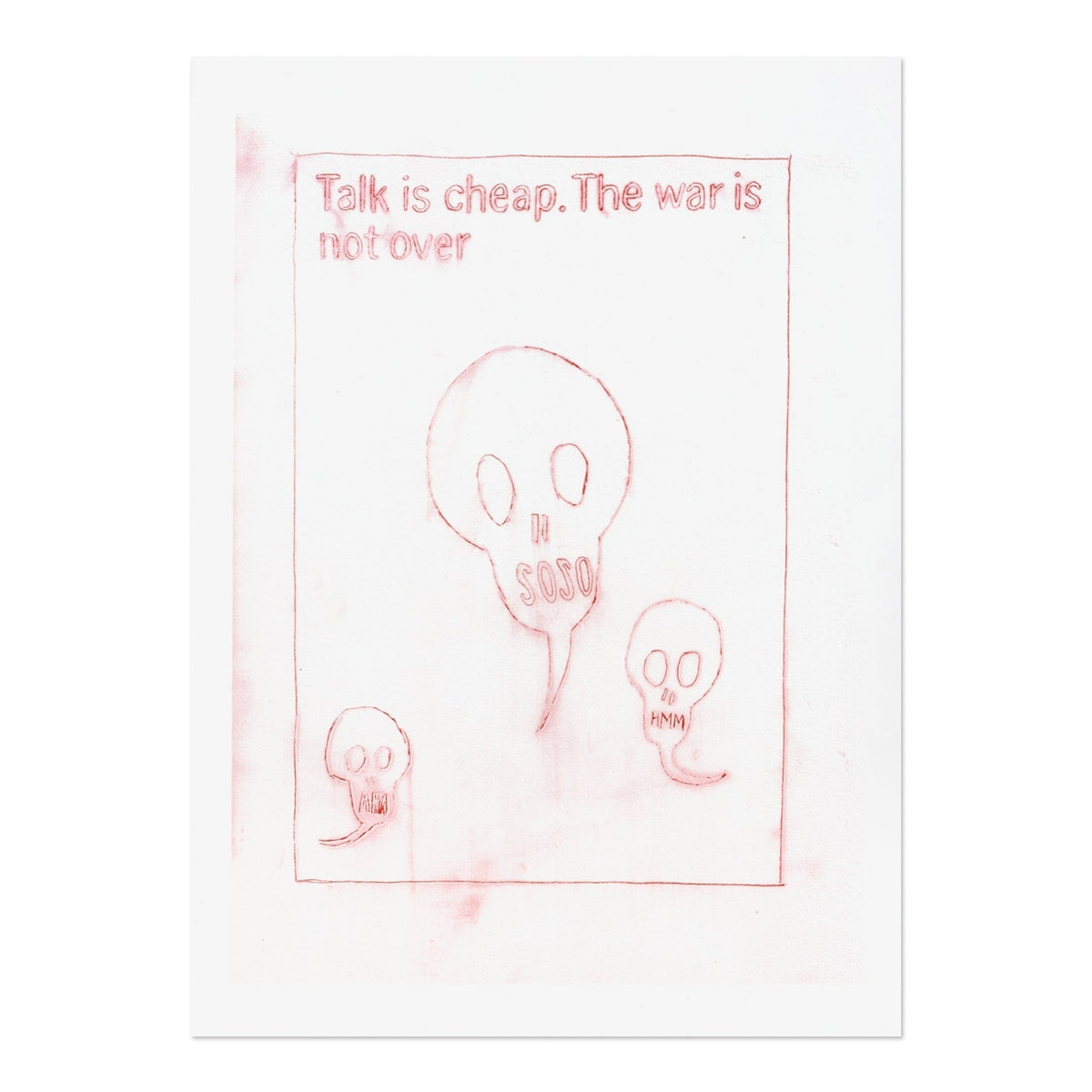 Daniel Richter print featuring red line drawings of figures with the text Take a deep breath the end is nigh