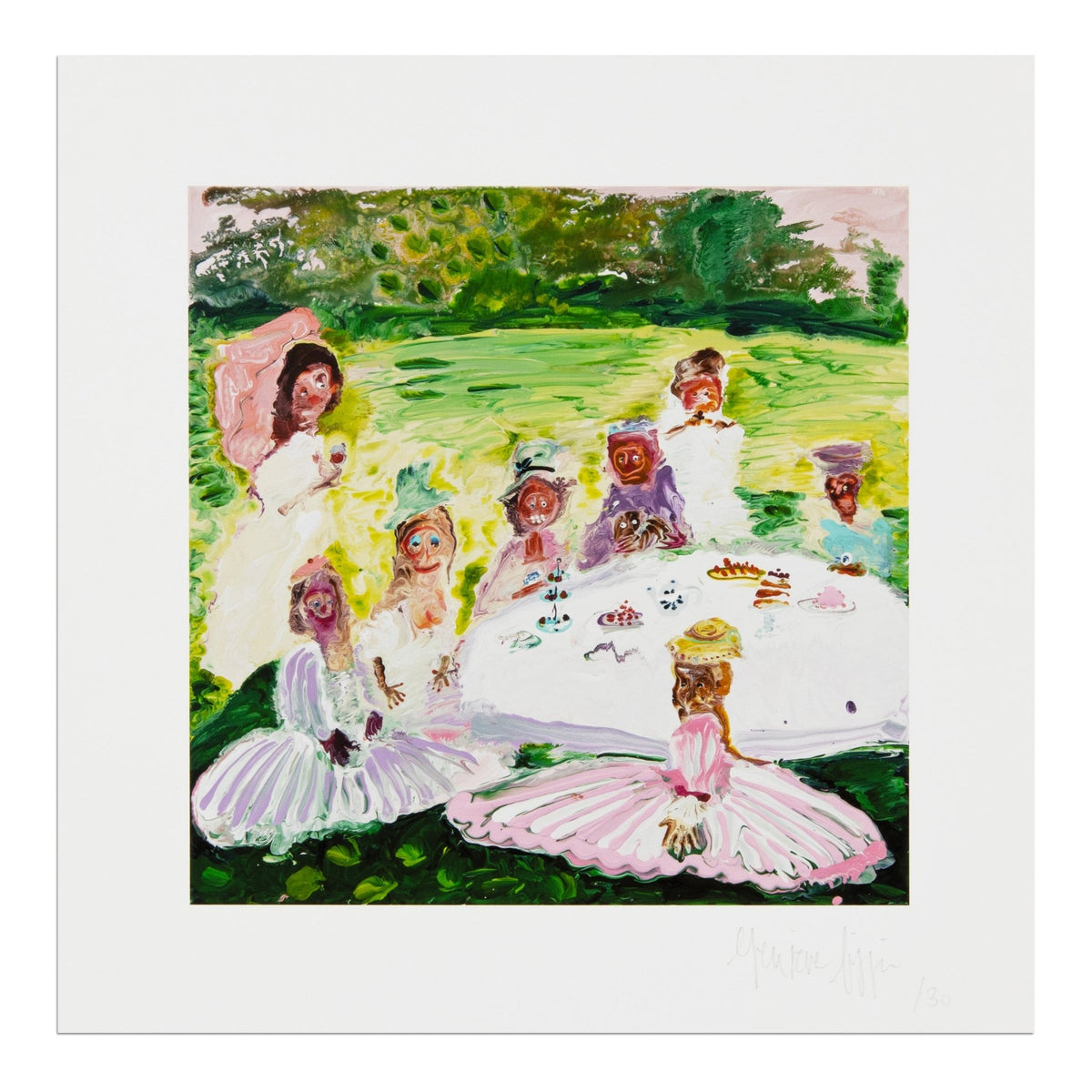 Genieve Figgis limited edition print showing figures at an outdoor table in her fluid, textured style