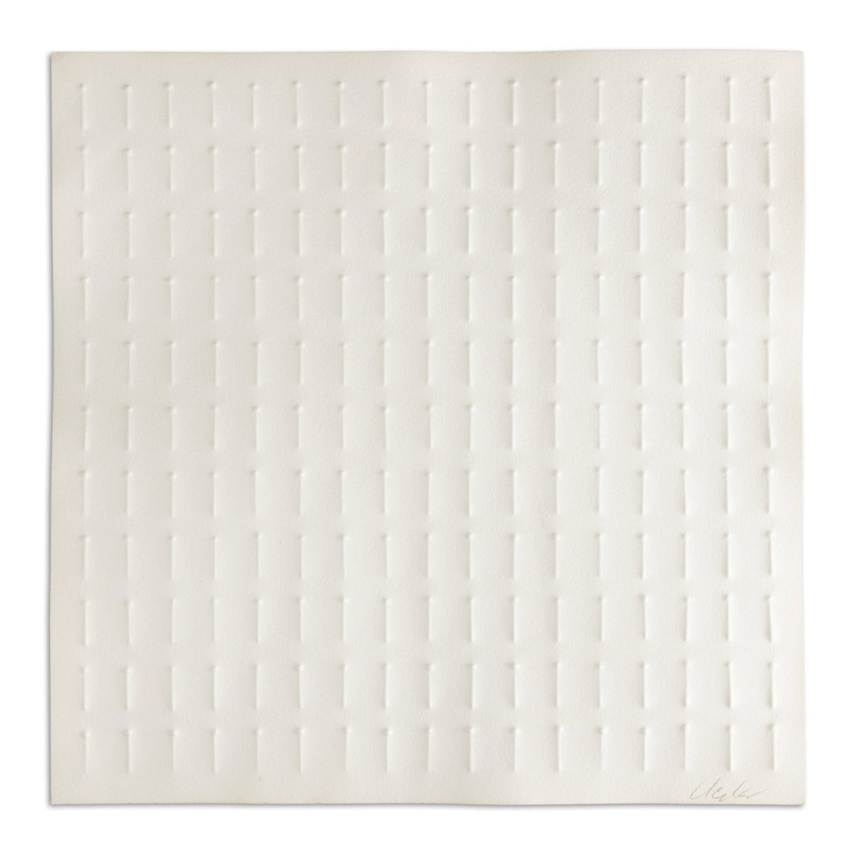 Embossing from Günther Uecker’s Nagelbuch featuring vertical rows of subtle raised nail impressions on white paper.