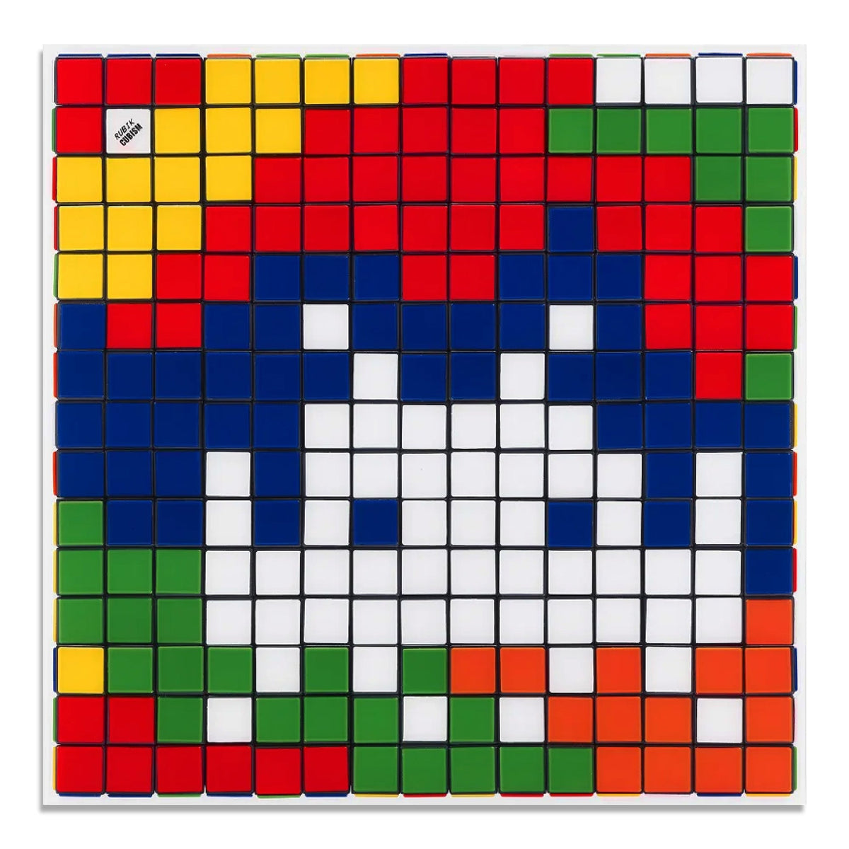 Invader mosaic artwork showing a white pixelated Space Invader figure set within a colorful grid of Rubik’s Cube-style tiles.