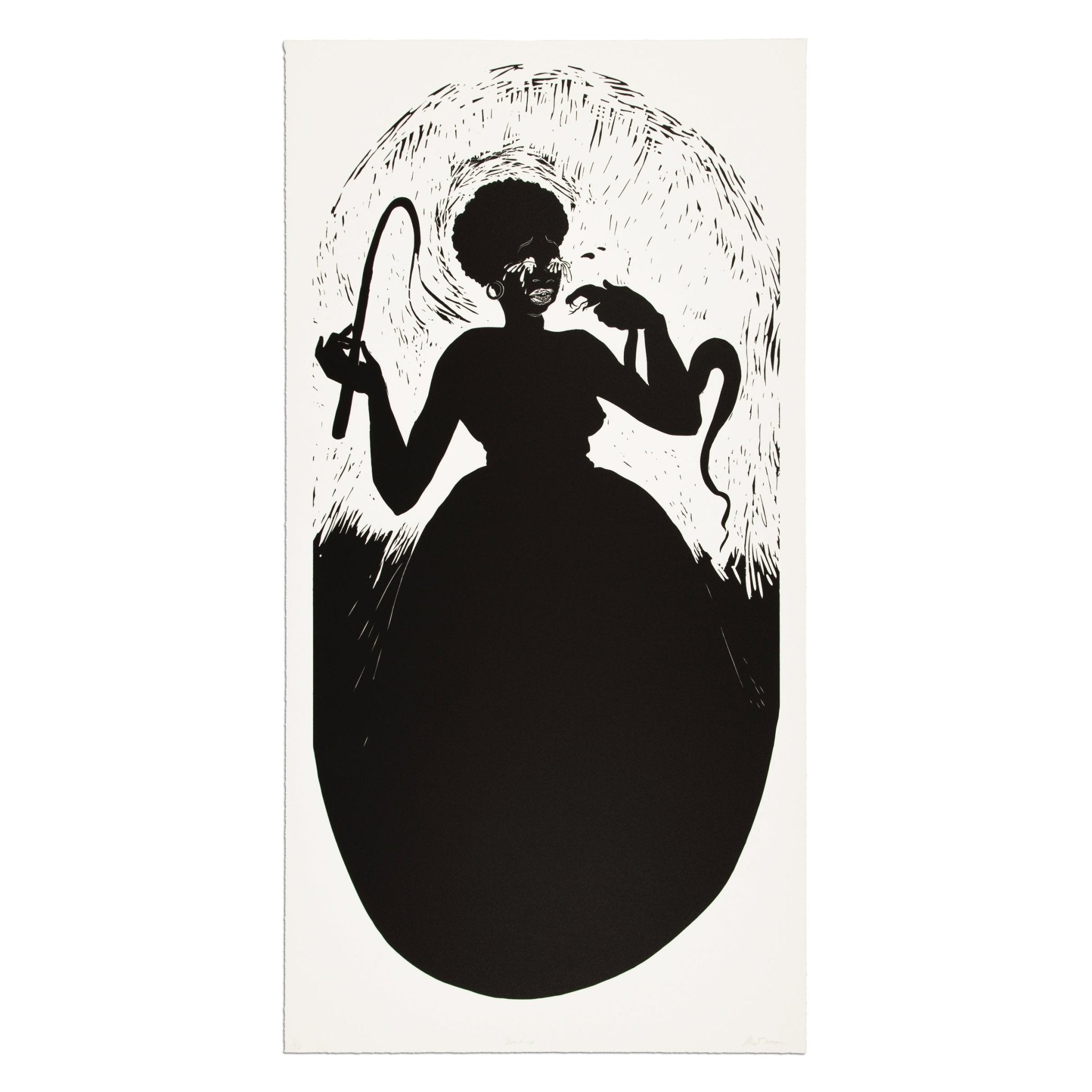 Kara Walker silhouette print depicting a female figure with whip and snake