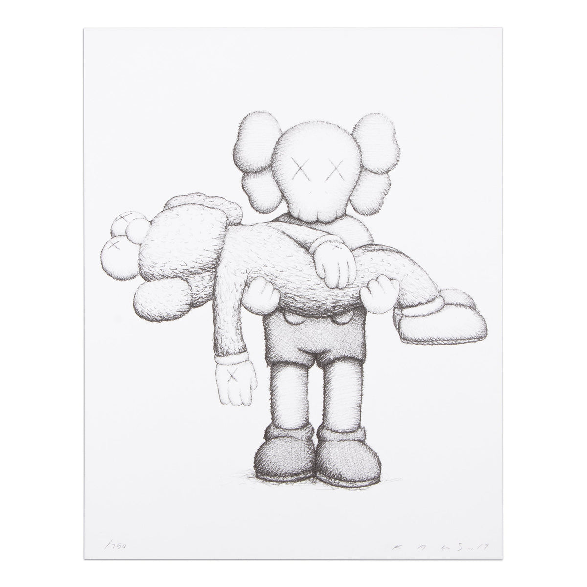 KAWS print depicting a Companion figure carrying another Companion in a grey tonal drawing on a white background.