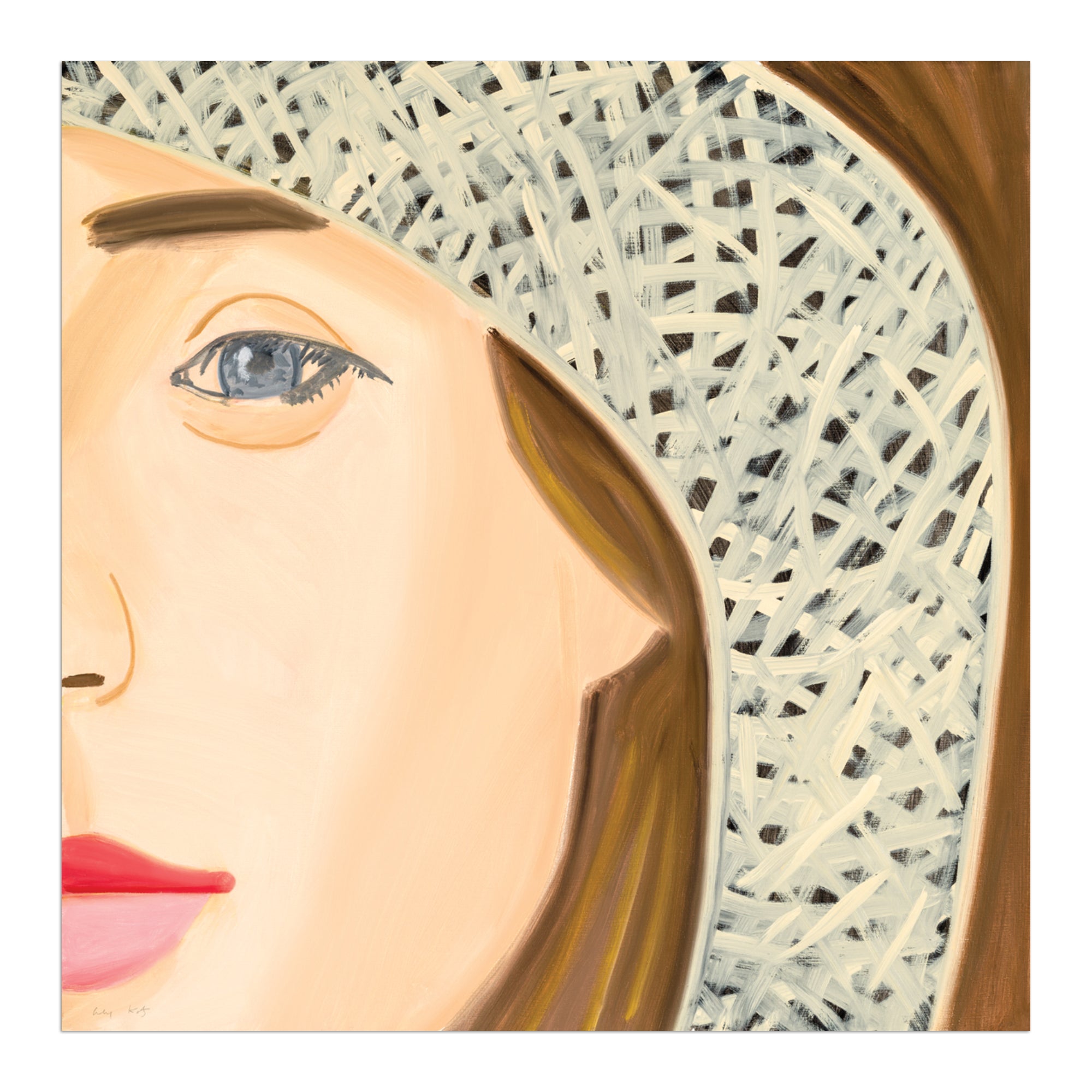 Alex Katz portrait showing a woman in a patterned hood, with a stylized face and soft, minimal features.