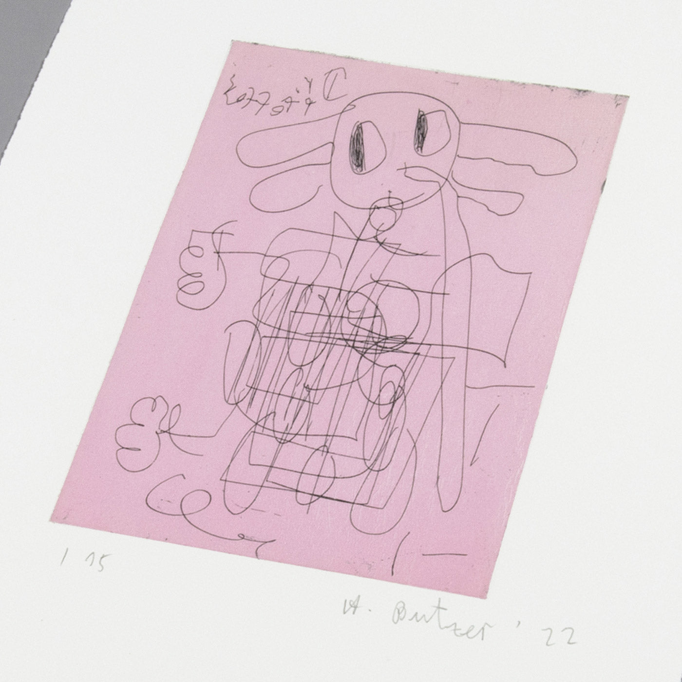 André Butzer etching on pink paper featuring a whimsical abstract figure drawn in loose, expressive lines.