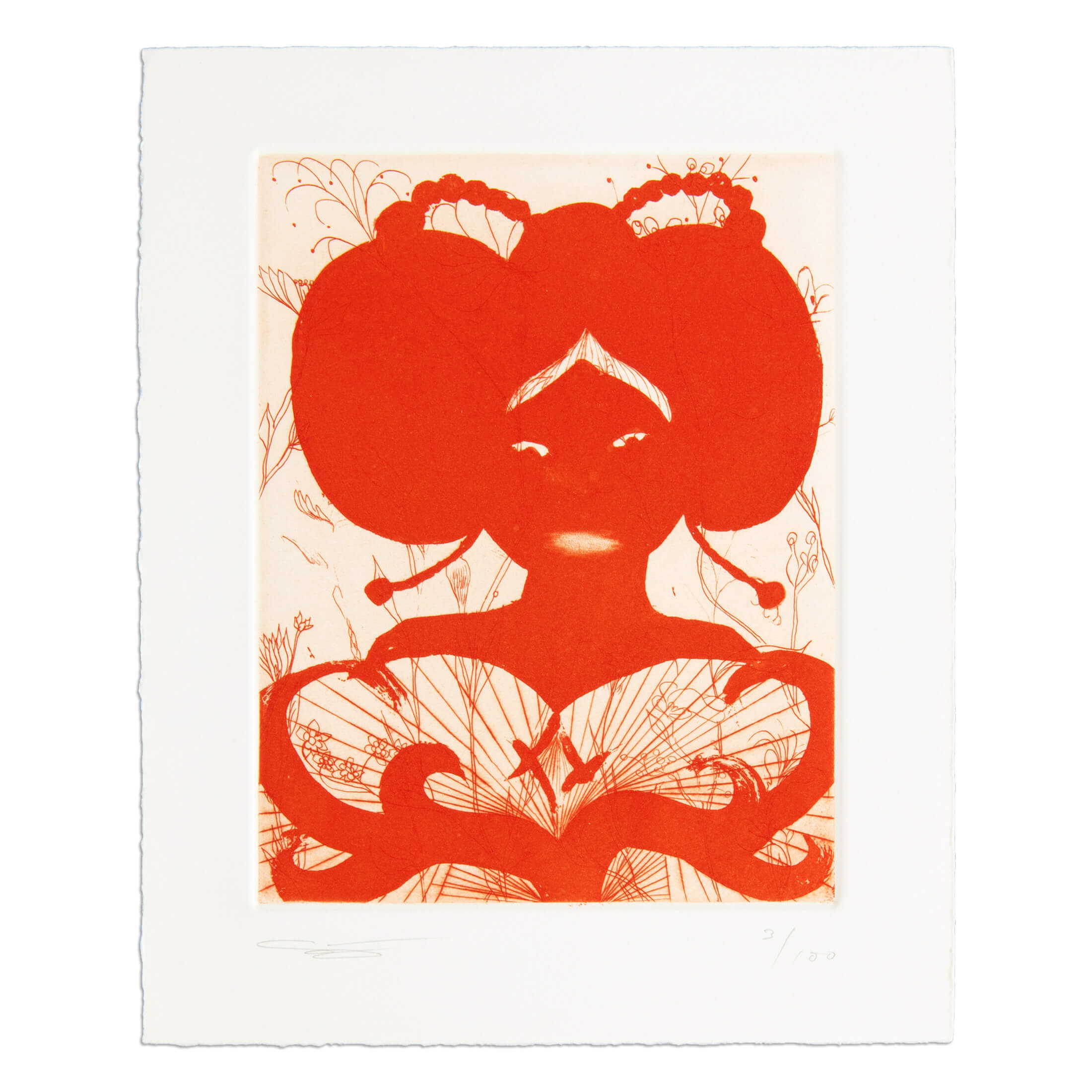 Chris Ofili etching featuring a red abstracted figure above decorative organic forms