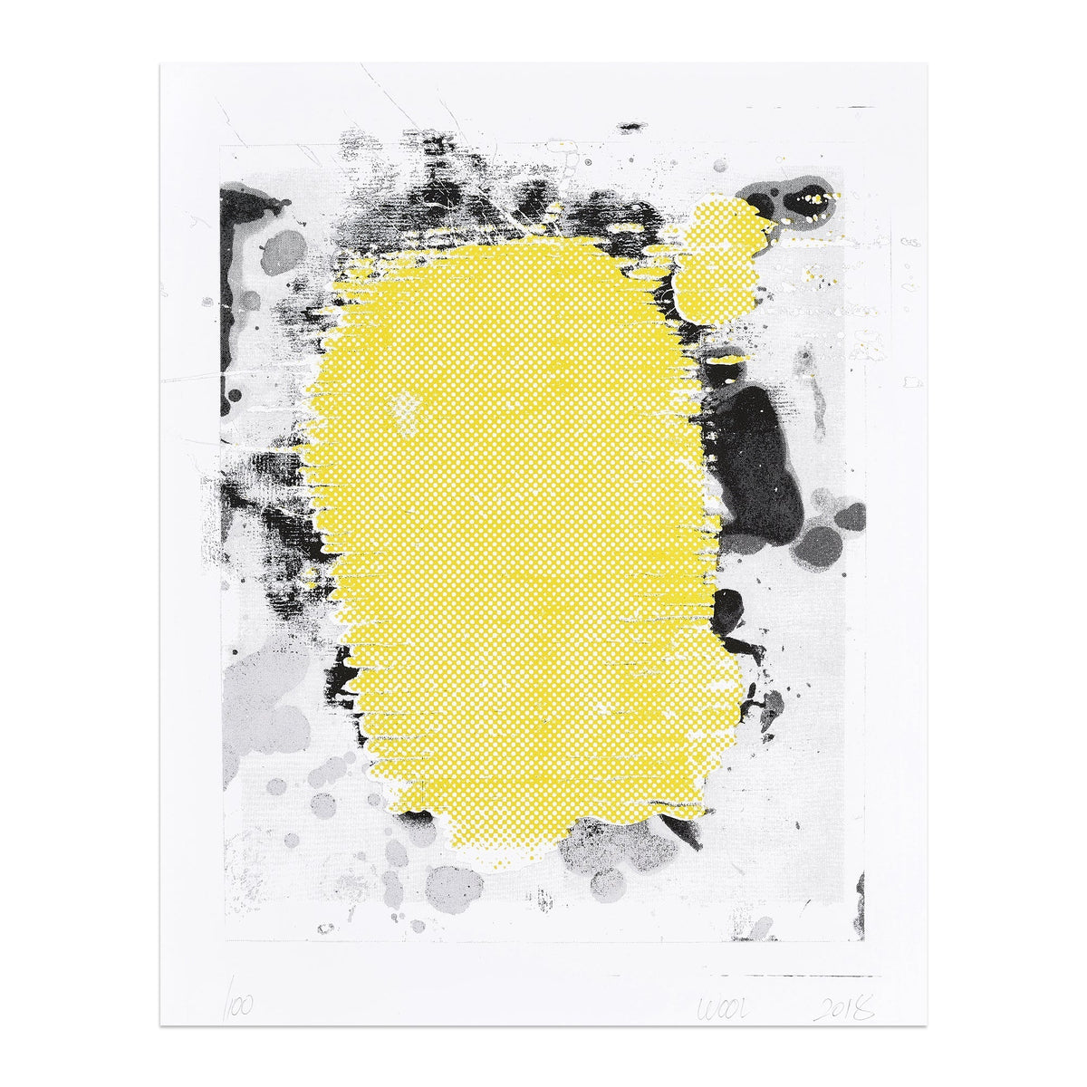 Portrait by Christopher Wool featuring an abstract yellow form layered over black and white textured marks.