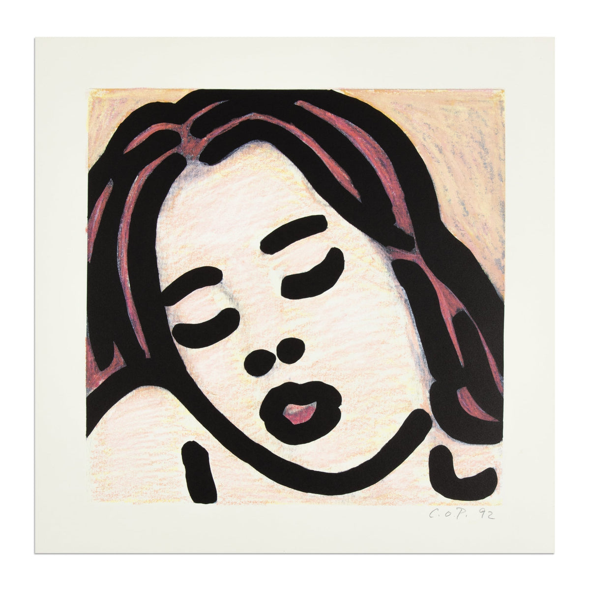 C.O. Paeffgen offset lithograph featuring a bold black-line portrait of a woman with closed eyes