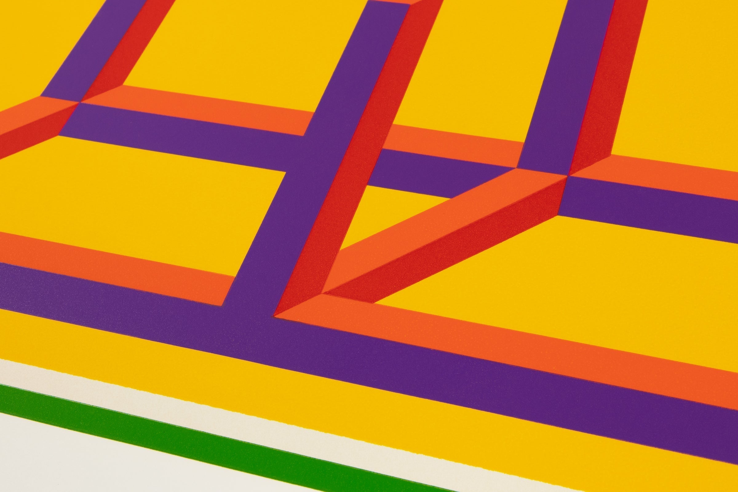 Geometric art print by Sarah Morris with black vertical bars and orange and white shapes