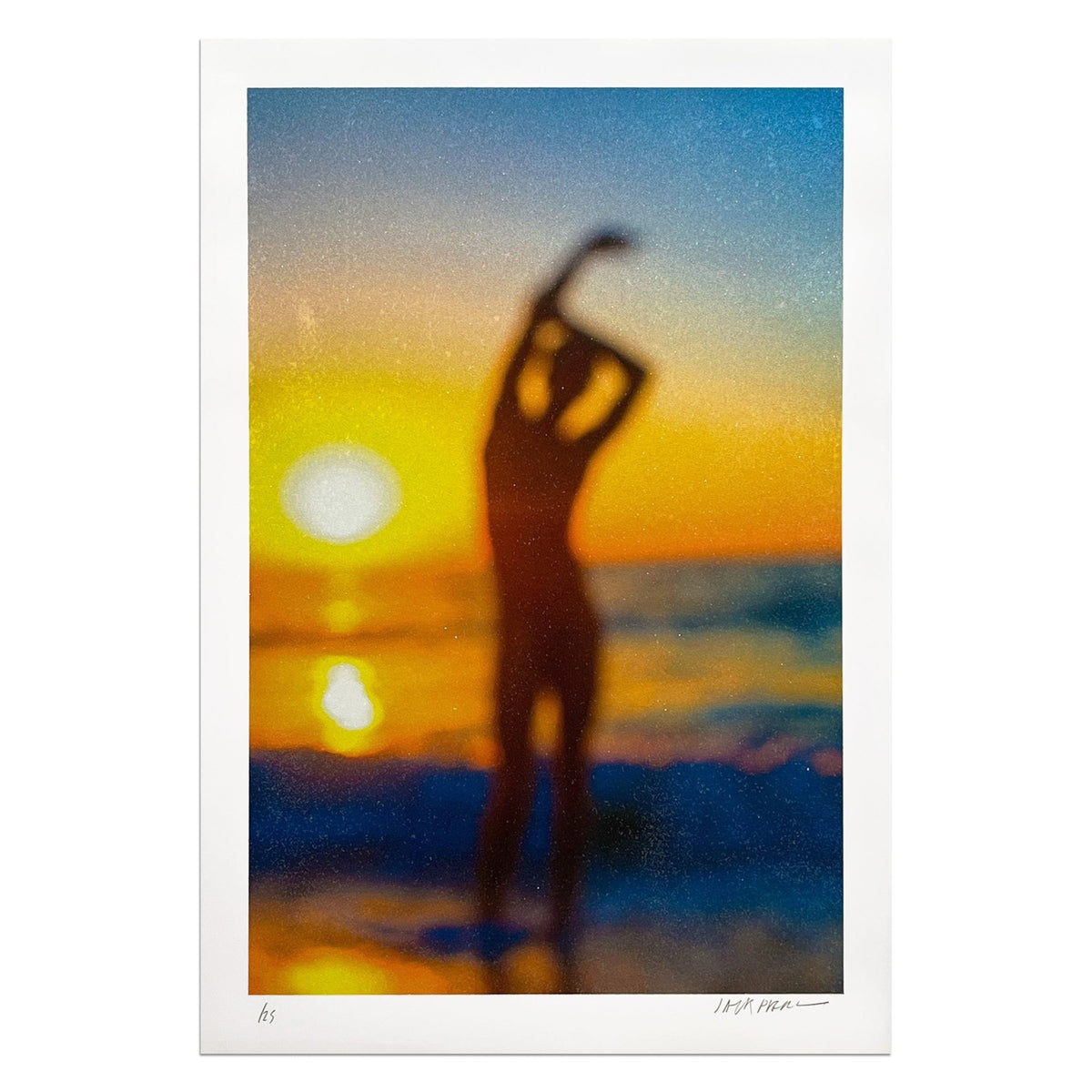 Jack Pierson atmospheric print showing a silhouetted figure standing before a glowing sunset over water
