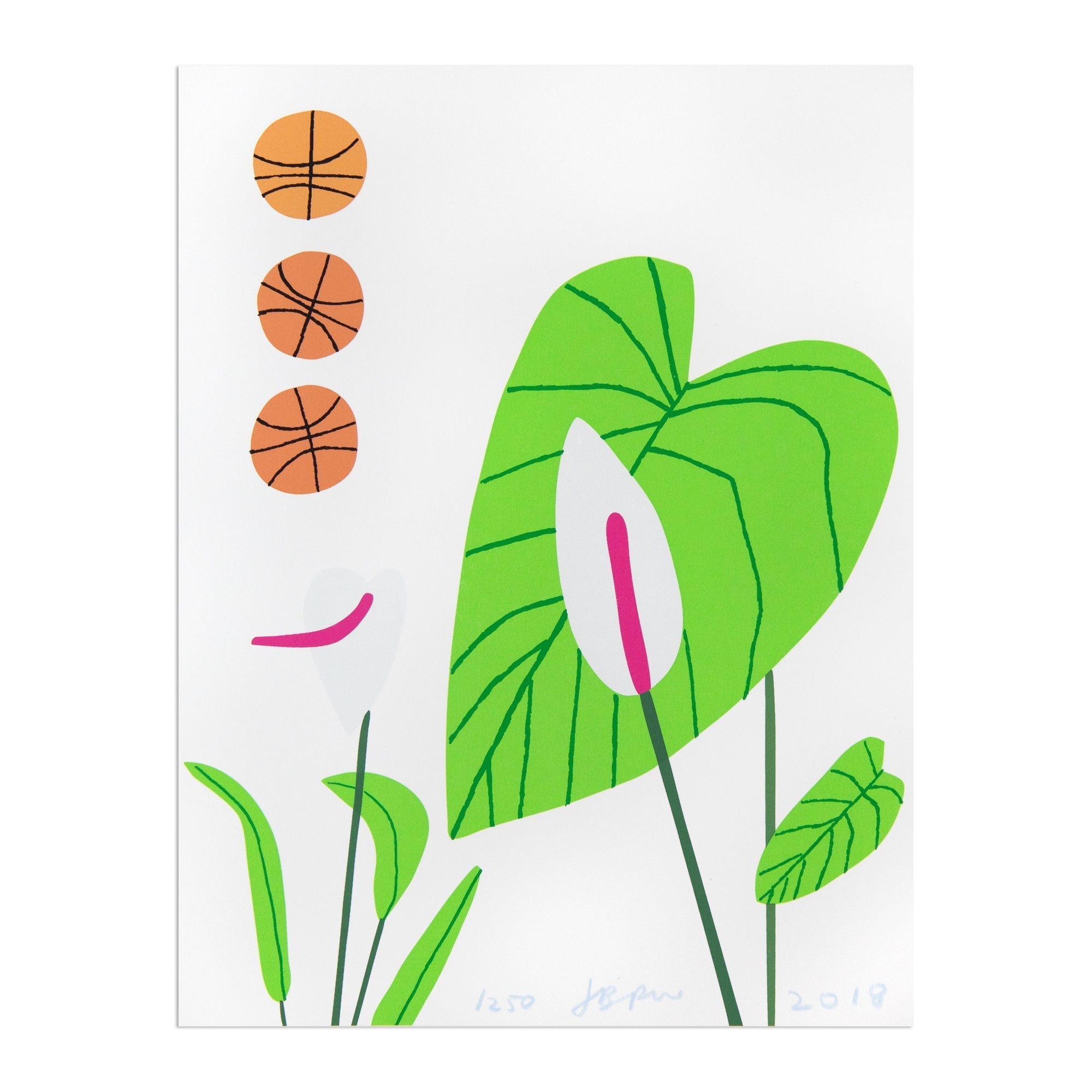 Jonas Wood print featuring green leaves, a pink flower, and patterned spheres on a white background.