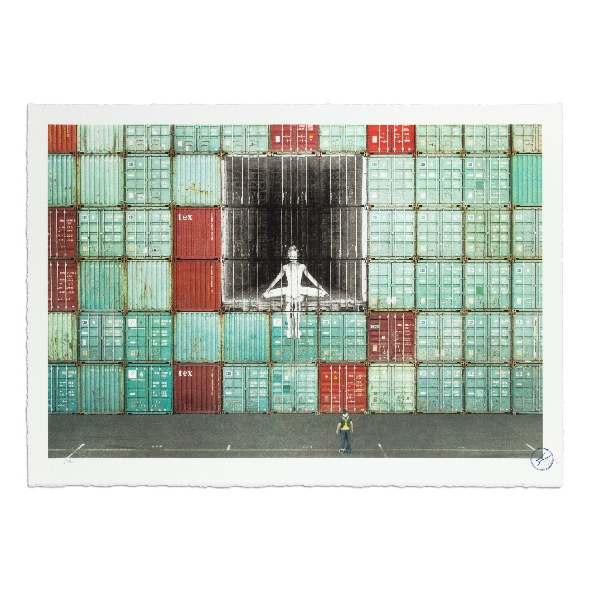 JR artwork featuring a ballet dancer peering through a square opening in a wall of stacked pastel shipping containers.