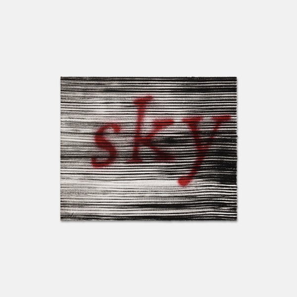 Black and white print by Ed Ruscha with the word sky in red across horizontal lines, part of Limited Edition Prints.