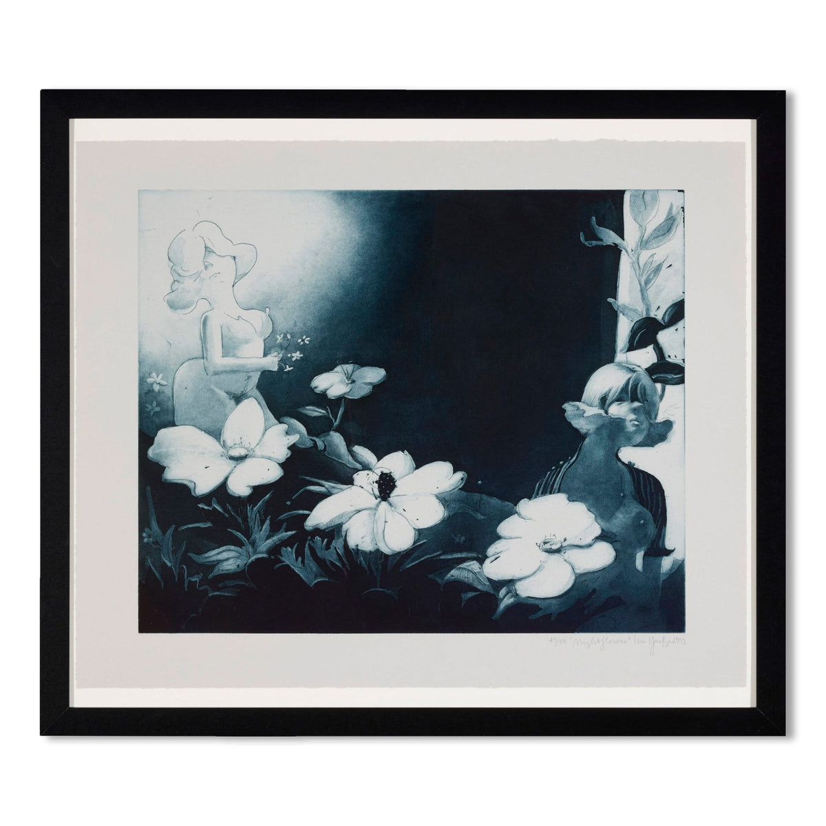Night Flowers by Lisa Yuskavage, a dark atmospheric scene with glowing white blossoms in a moody, illuminated setting.