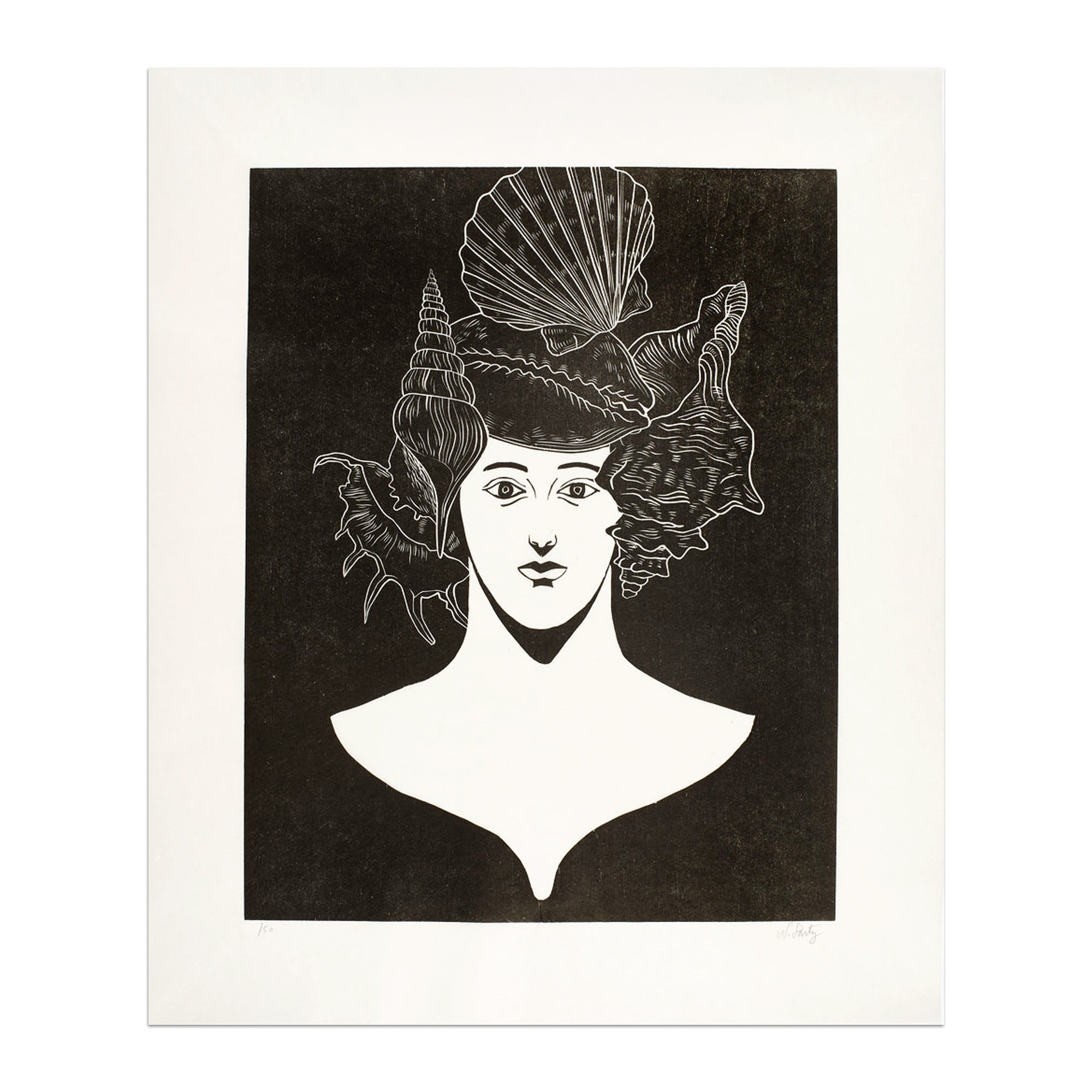 Nicolas Party woodcut of a stylized woman wearing an ornate shell headpiece with additional shell motifs