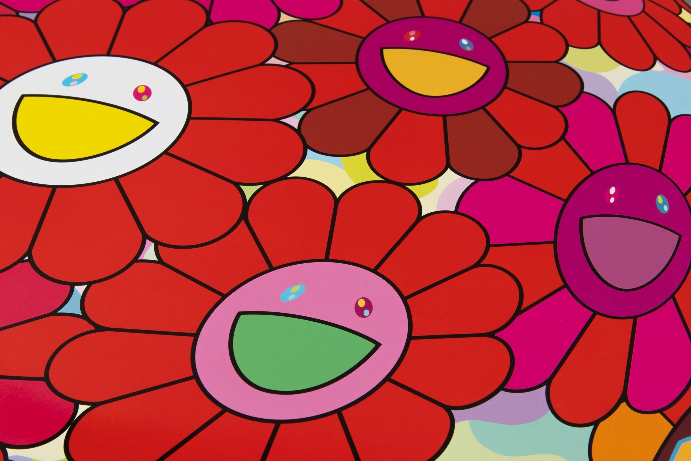 Colorful flower pattern by Takashi Murakami with smiling flower motifs in bold pop art style