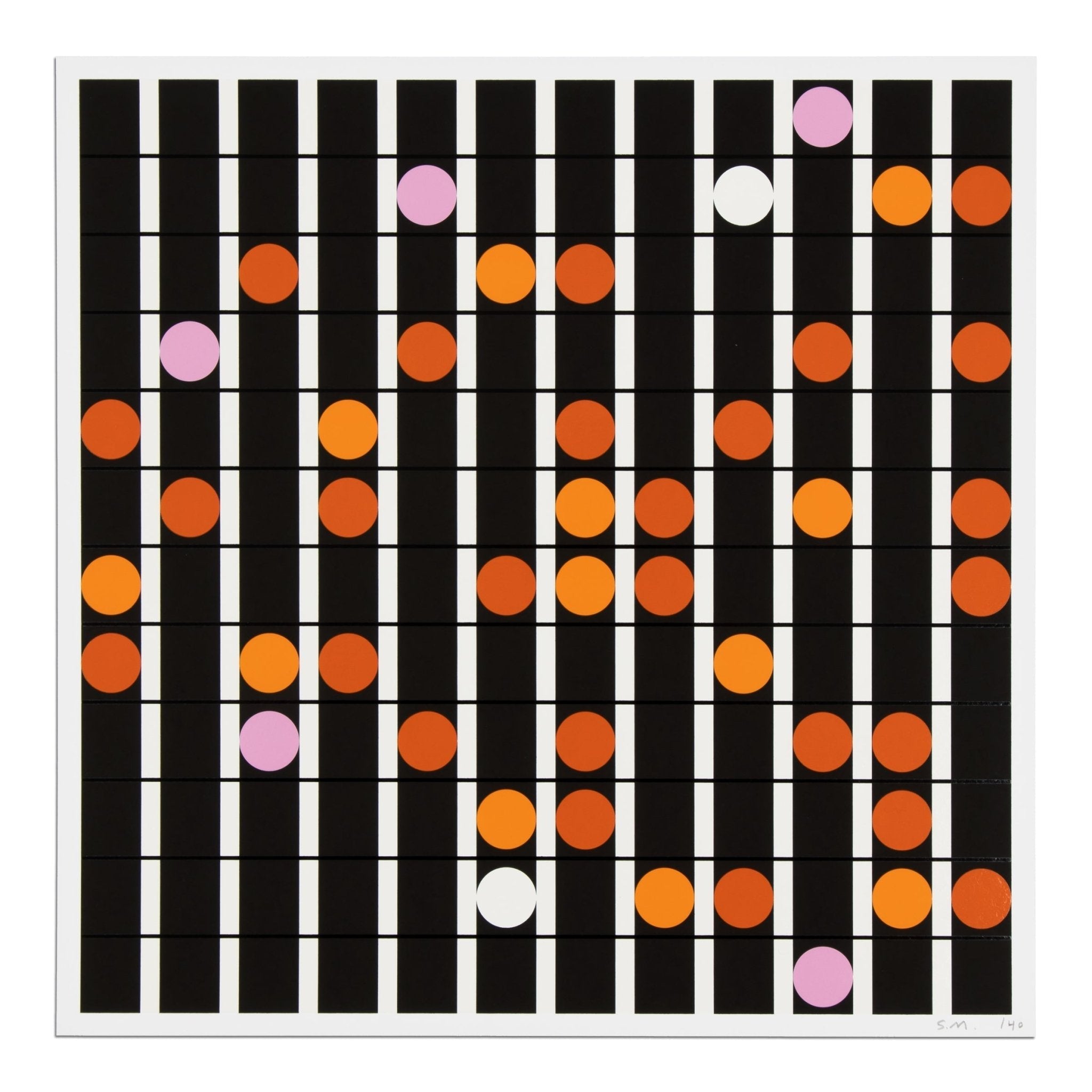 Sarah Morris abstract print with vertical black and white stripes overlaid with colorful circular forms.