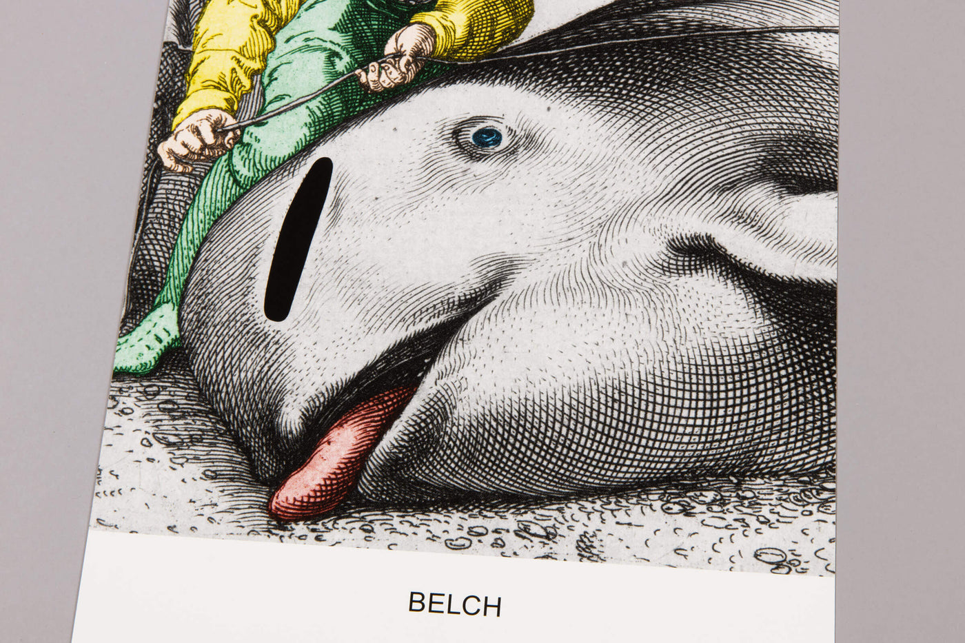 John Baldessari – Belch: Illustration of a large animal with a person holding a sword, labeled 'Belch'.
