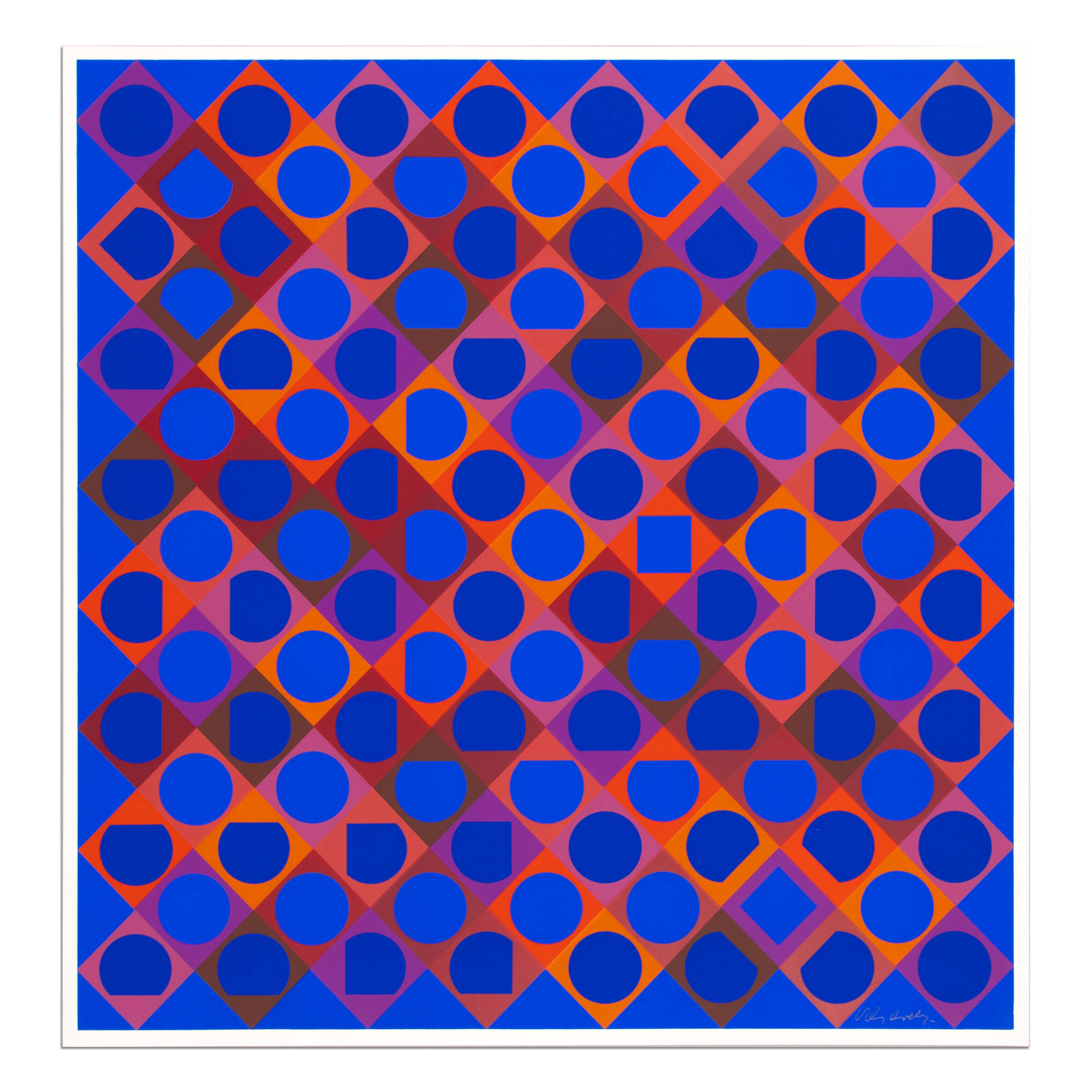 Victor Vasarely – Planetarische Folklore: Geometric pattern with blue and orange shapes on a white background