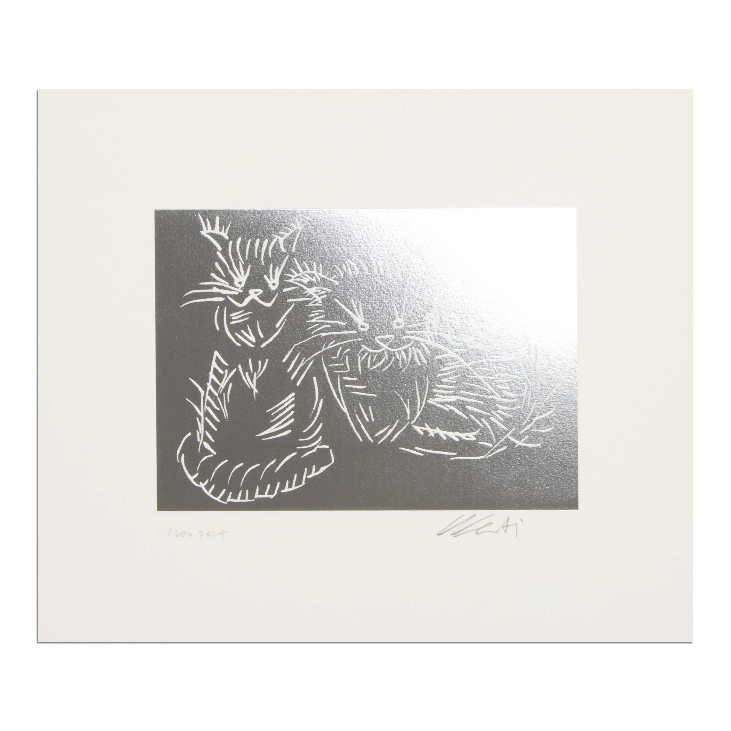 Ai Weiwei Cats Silver 2024 limited edition foil block print showing two cats, Maple and Birch, on wove paper