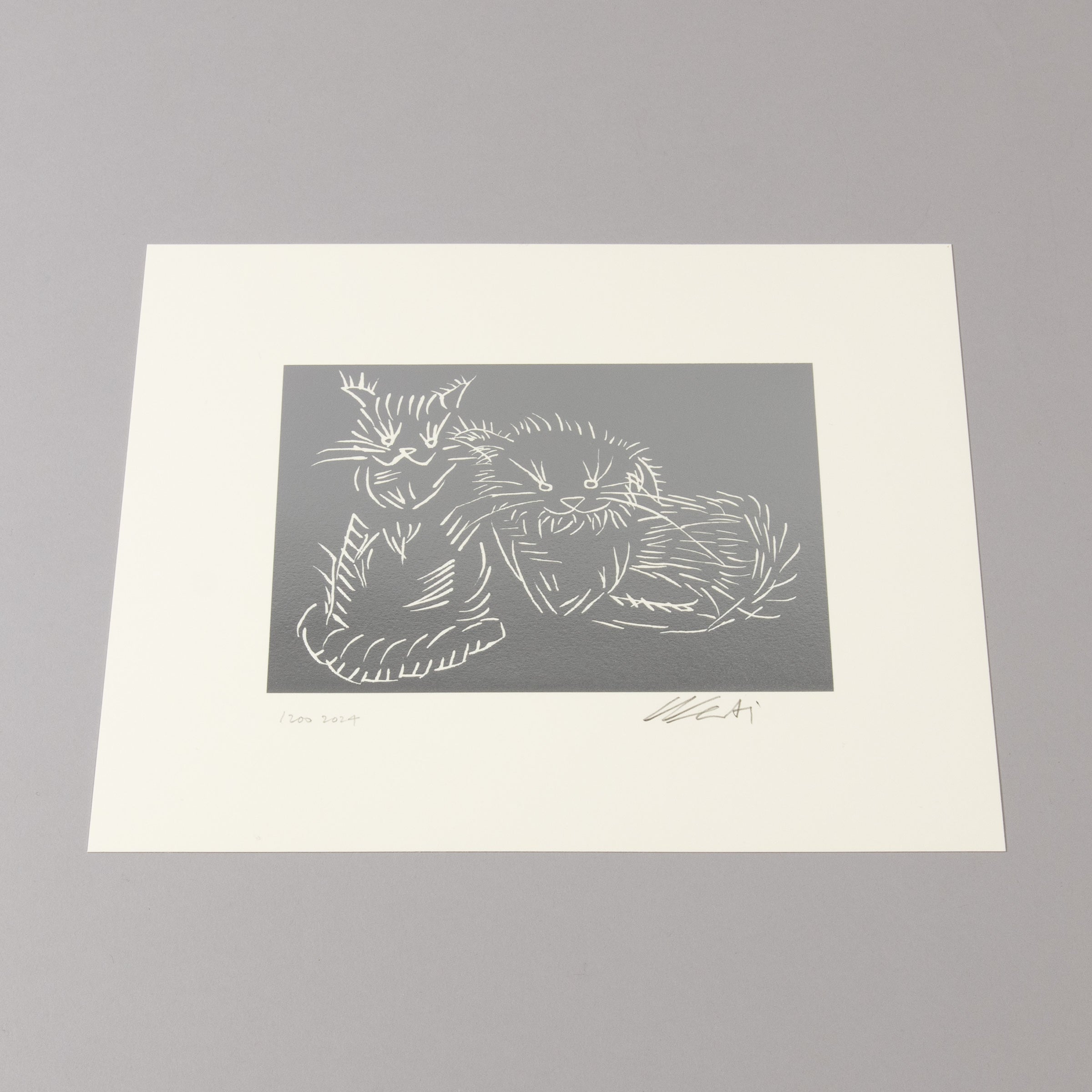 Ai Weiwei Cats Silver 2024 limited edition foil block print showing two cats Maple and Birch signed artwork on wove paper
