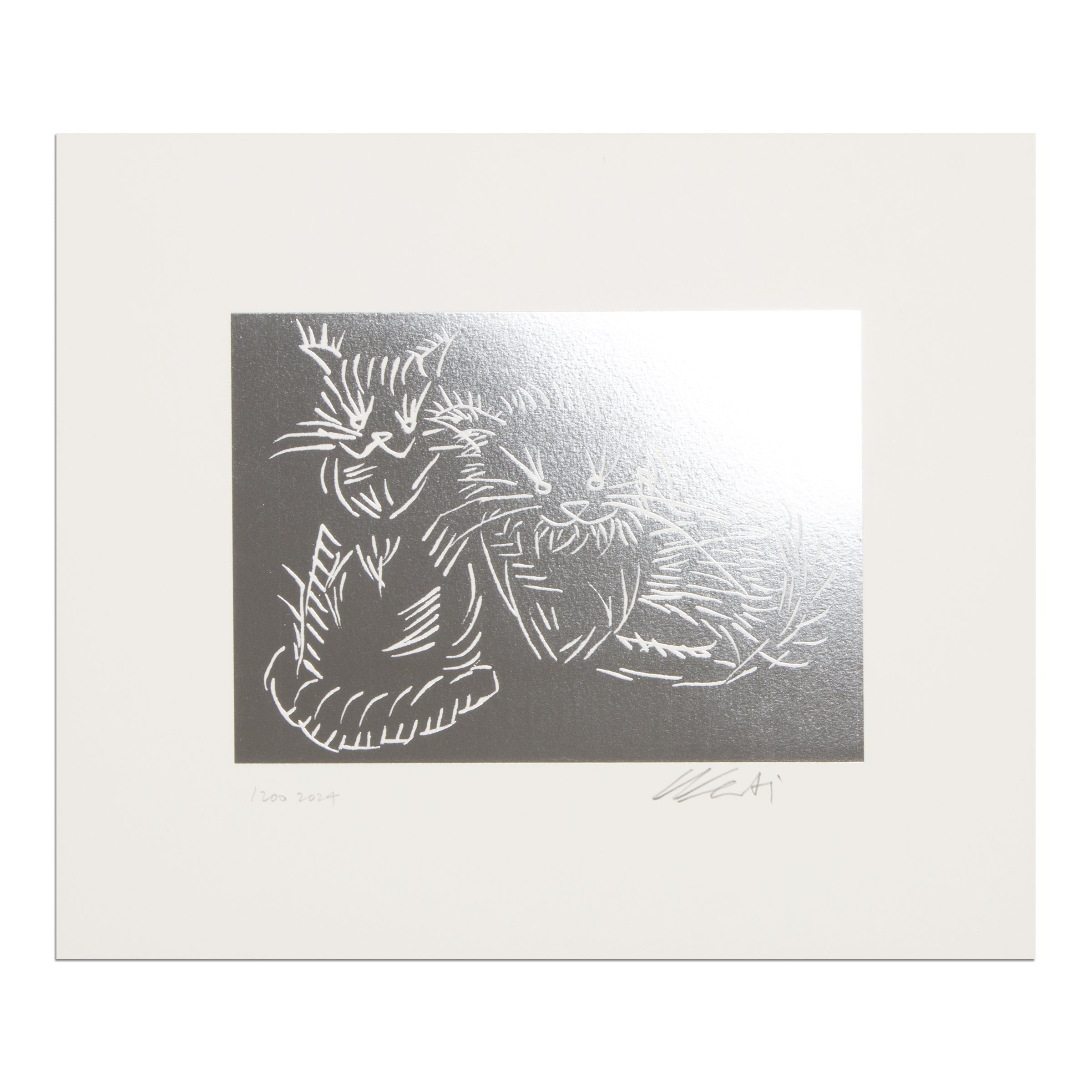 Ai Weiwei Cats Silver 2024 limited edition foil block print showing two cats, Maple and Birch, on wove paper